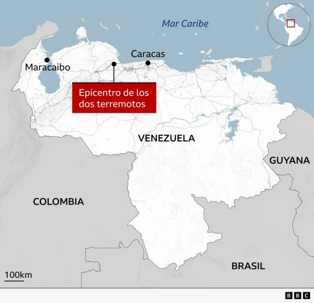 Mapa del epicentro de los dos terremotos en Venezuela