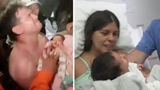 Imagen compuesta que muestra a la izquierda a un hombre sosteniendo a un bebé y, a la derecha, a una madre sosteniendo a un bebé mientras un hombre los observa.
