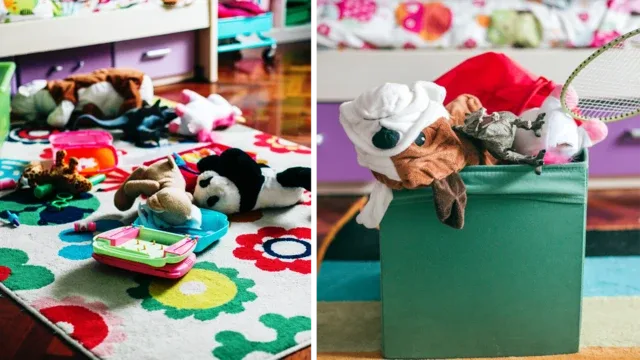 Dos imágenes una al lado de la otra. La izquierda muestra juguetes dispersos sobre una alfombra estampada de colores en primer plano, incluidos peluches, vehículos de juguete y pequeños objetos de plástico. La imagen de la derecha muestra una caja de almacenamiento verde con una variedad de juguetes y ropa, con una raqueta para juguetes apoyada en la parte superior. En el fondo se ven muebles bajos y unidades de almacenamiento.
