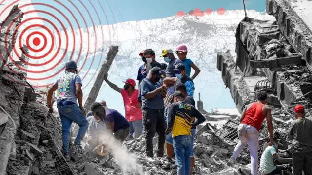 Montaje que muestra fotografías de labores de búsqueda y rescate entre escombros, con un mapa de Venezuela al fondo