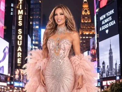 Thalía deslumbra en Times Square con diseño de la dominicana Giannina Azar